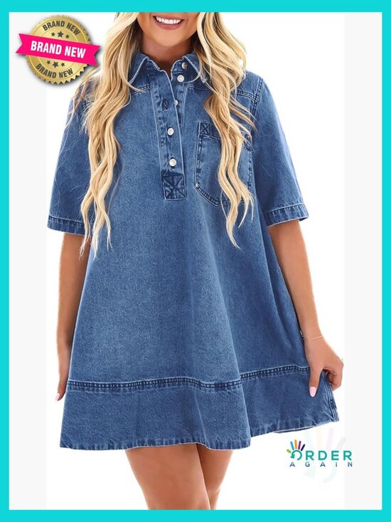 Dresses & Skirts - Denim Shirt Dress Mini A-Line Casual Chic Collared Short Sleeve Pockets